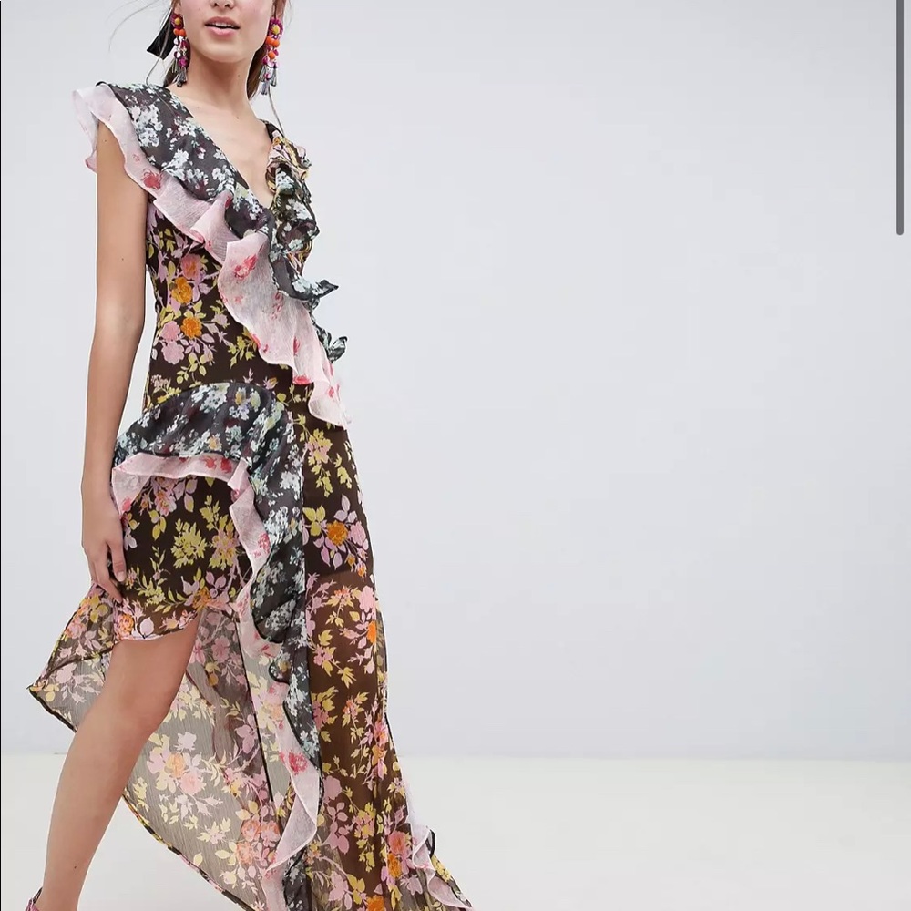 ASOS Floral Print Asymmetrical Ruffle Dress Size US 0